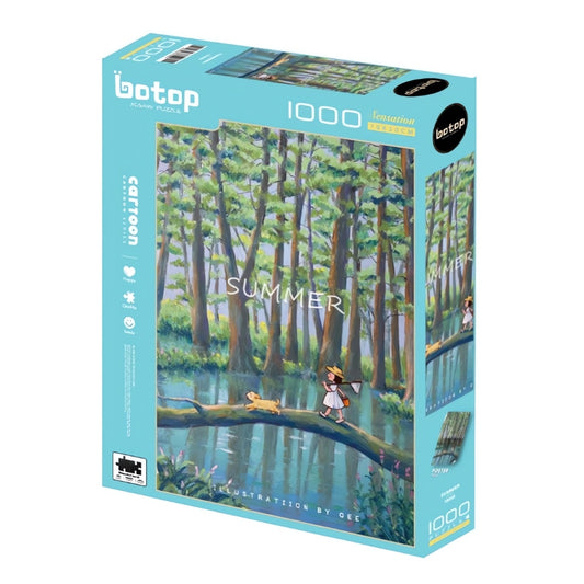 Illustrated puzzle box showing a girl and dog crossing a log bridge over water in a forest labeled “Summer”.