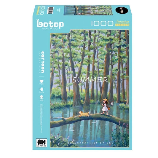 Illustrated puzzle box showing a girl and dog crossing a log bridge over water in a forest labeled “Summer”.