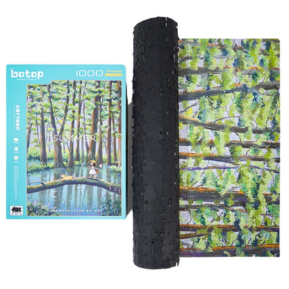 Partially completed puzzle with a rolled-up mat, showing the forest scene with trees and log bridge from the “Summer” set.