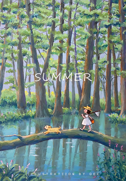 Illustration of a girl with a butterfly net and a dog walking on a log over water, surrounded by tall forest trees.