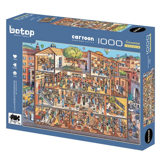 The Bookstore Botop 1000 piece puzzle box showing busy cartoon bookshop building