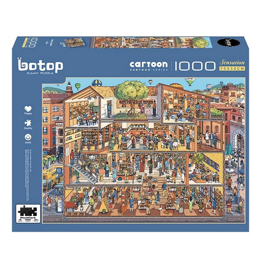 The Bookstore Botop 1000 piece puzzle box showing busy cartoon bookshop building