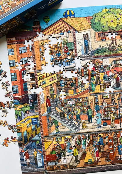 Partially completed Bookstore puzzle with colourful detailed floors and stairs