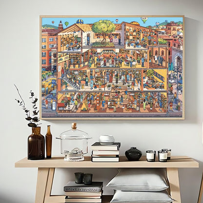 Completed Bookstore puzzle framed and displayed in modern home interior