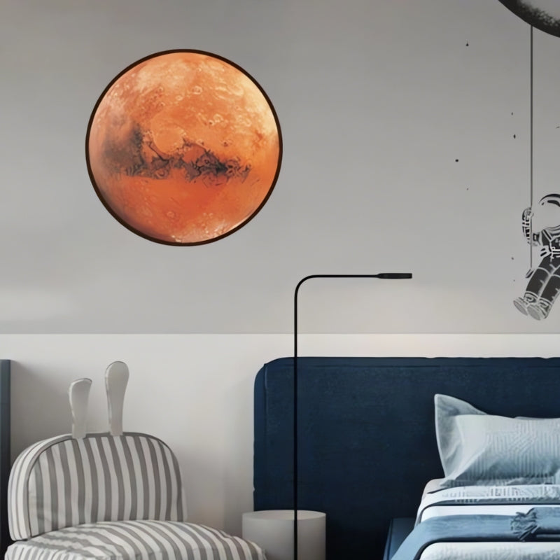 Mars puzzle displayed as framed wall art above a bed in a space-themed room.