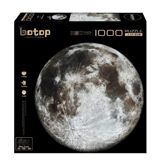 Botop 1000-piece puzzle box with realistic photo of the moon on a black background.