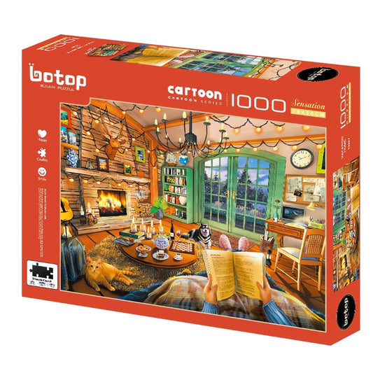 Botop 1000 piece Vacation Home puzzle featuring a cosy log cabin interior with pets and a fireplace
