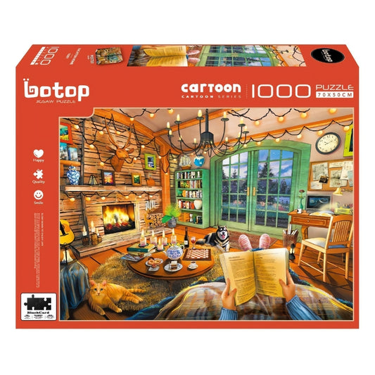 Botop 1000 piece Vacation Home puzzle featuring a cosy log cabin interior with pets and a fireplace