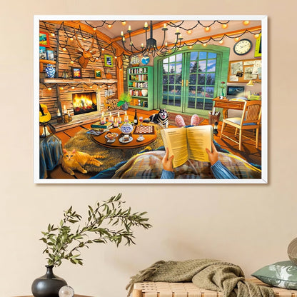 Framed Vacation Home puzzle hanging on a wall above a bench with a green throw