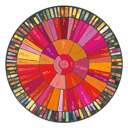 Round puzzle with vivid lipstick swatches and names arranged in a color wheel.