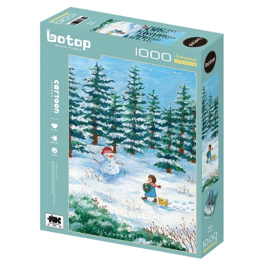 Botop Winter puzzle box with child and snowman in snowy pine forest