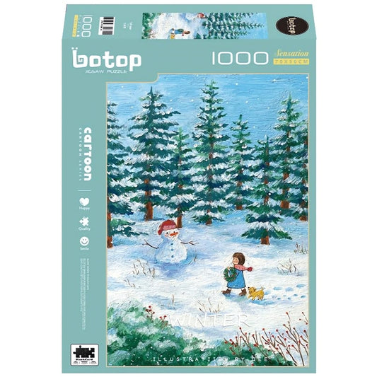 Botop Winter puzzle box with child and snowman in snowy pine forest