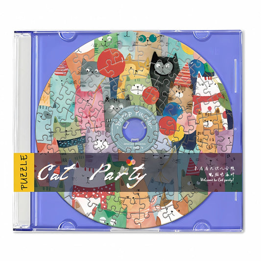 Botop Cat Party puzzle shaped like a CD, featuring colourful cartoon cats in party hats with balloons, packed in a clear jewe