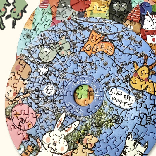CD-shaped puzzle showing cute animals and spring trees – cute animal puzzle.