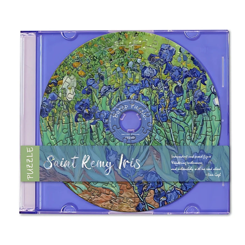 CD-shaped puzzle of Van Gogh-inspired irises in a blue case – Van Gogh mini puzzle.