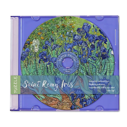 CD-shaped puzzle of Van Gogh-inspired irises in a blue case – Van Gogh mini puzzle.