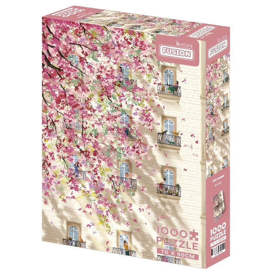 Afternoon puzzle box with blooming cherry tree and building balconies