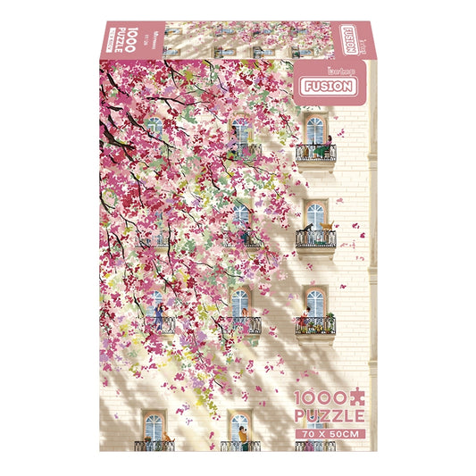 Afternoon puzzle box with blooming cherry tree and building balconies
