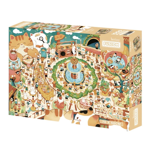 Cat Party puzzle box featuring a colourful cat-filled party scene with fountain and treats