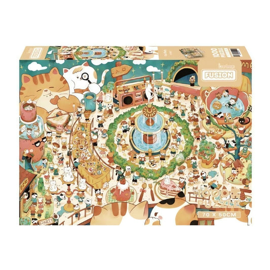 Cat Party puzzle box featuring a colourful cat-filled party scene with fountain and treats