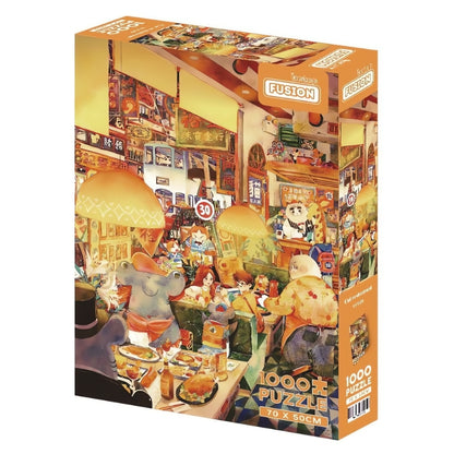 Box of Cat Restaurant puzzle featuring a vibrant, animal-filled dining scene with warm lighting.