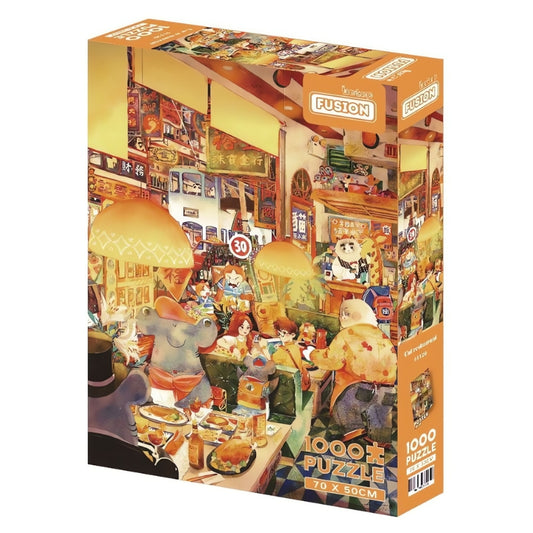 Box of Cat Restaurant puzzle featuring a vibrant, animal-filled dining scene with warm lighting.