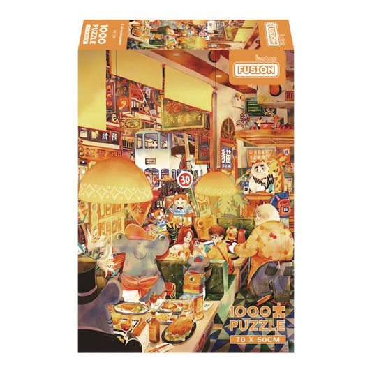 Box of Cat Restaurant puzzle featuring a vibrant, animal-filled dining scene with warm lighting.