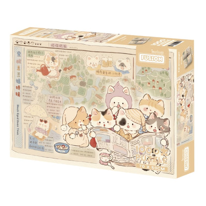 Cat's Newspaper puzzle box with pastel cats and illustrated village map