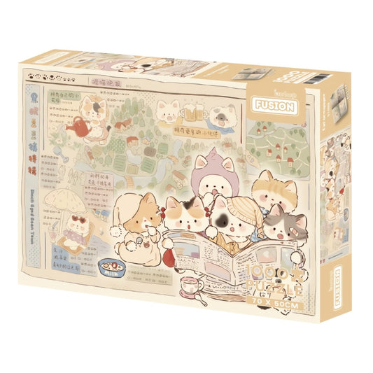 Cat's Newspaper puzzle box with pastel cats and illustrated village map