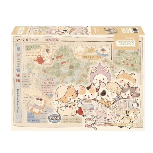 Cat's Newspaper puzzle box with pastel cats and illustrated village map