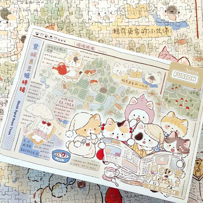 Cat's Newspaper puzzle box sitting on top of finished jigsaw background