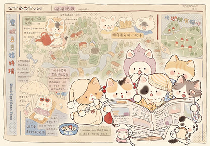 Cartoon cats reading newspaper with village illustrations and soft colour tones