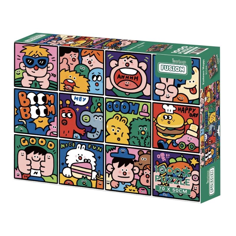 Embrace Happiness puzzle box with bright cartoon faces and fun pop-art squares