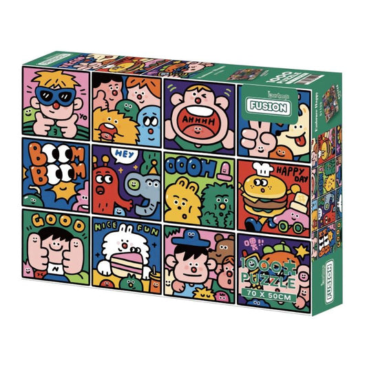 Embrace Happiness puzzle box with bright cartoon faces and fun pop-art squares