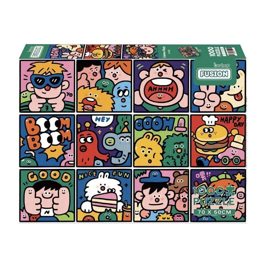 Embrace Happiness puzzle box with bright cartoon faces and fun pop-art squares