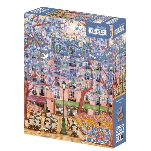 Jacaranda puzzle box with purple blossoms and pastel pink buildings
