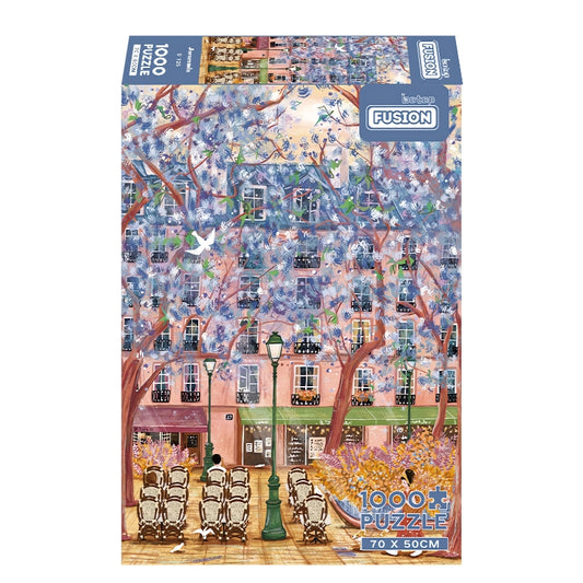 Jacaranda puzzle box with purple blossoms and pastel pink buildings