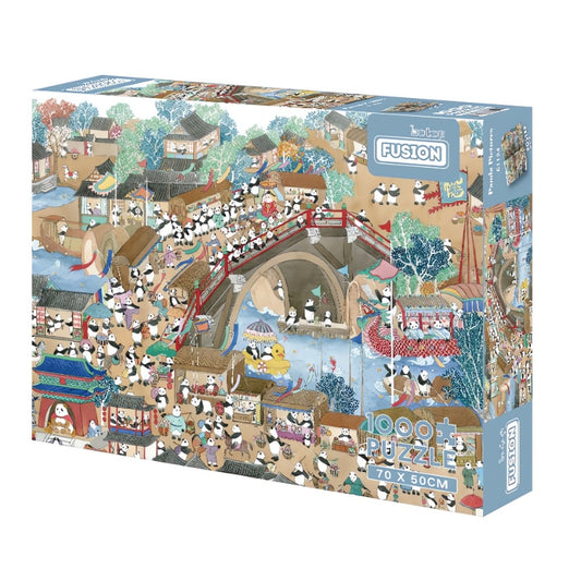 Panda Picture puzzle box with playful pandas in a vibrant traditional village market