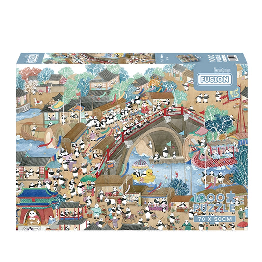 Panda Picture puzzle box with playful pandas in a vibrant traditional village market