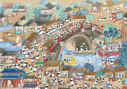 Cartoon pandas crowd a red bridge and paddle boats in a bustling riverside market