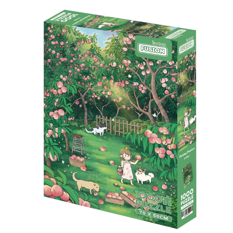 Picking Peaches puzzle box with girl and dogs in a lush orchard of pink peaches