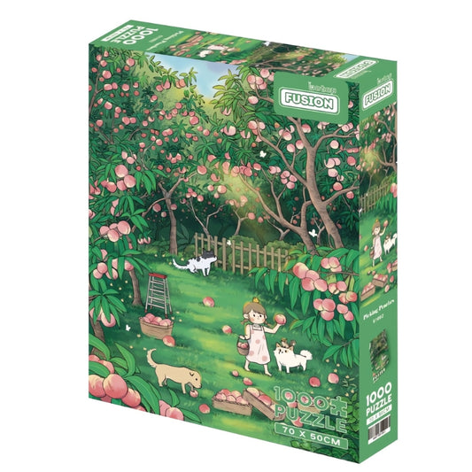 Picking Peaches puzzle box with girl and dogs in a lush orchard of pink peaches