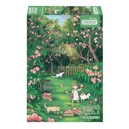 Picking Peaches puzzle box with girl and dogs in a lush orchard of pink peaches