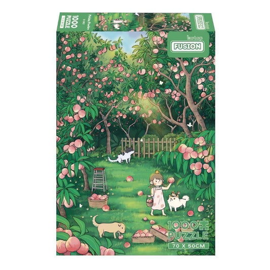 Picking Peaches puzzle box with girl and dogs in a lush orchard of pink peaches