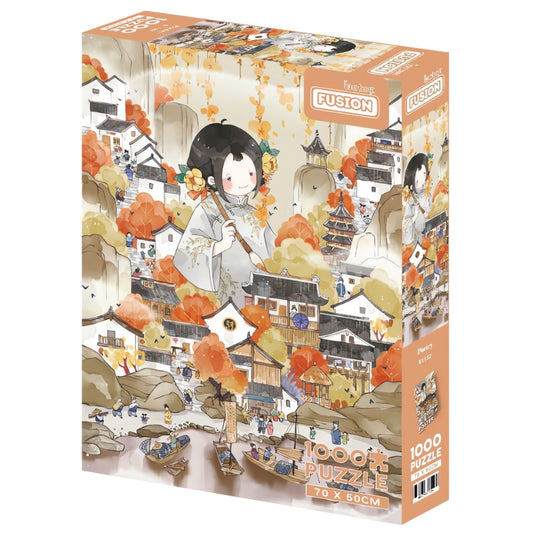 Poetry puzzle box with elegant girl and traditional village in autumn hues