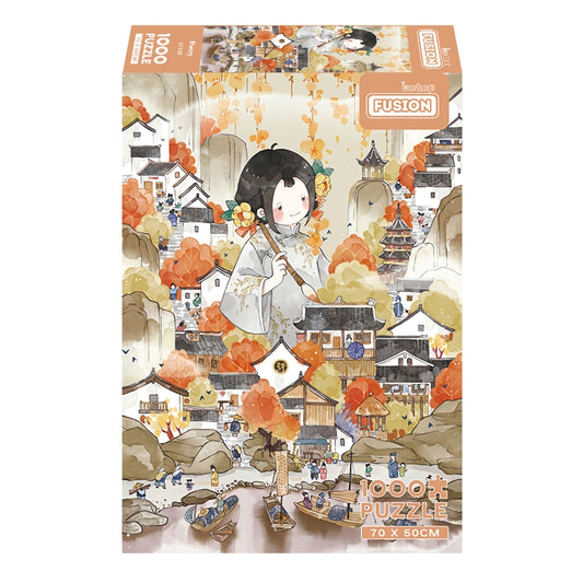 Poetry puzzle box with elegant girl and traditional village in autumn hues