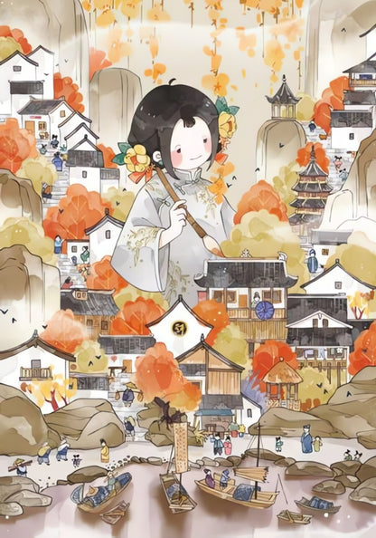 Autumn village scene with boats on water and a girl in traditional dress
