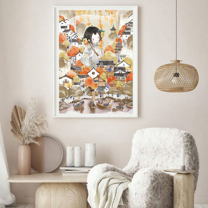 Framed Poetry puzzle with autumn tones hanging in softly lit living space