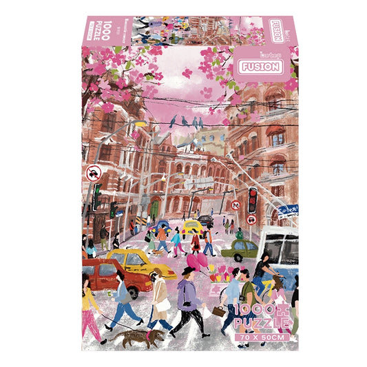 Box of Romantic Corner puzzle showing a busy crosswalk under pink blossoms and red brick buildings.