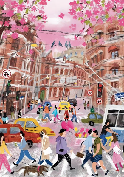 Busy city crosswalk scene with pedestrians, colourful cars, and historic buildings under cherry blossoms